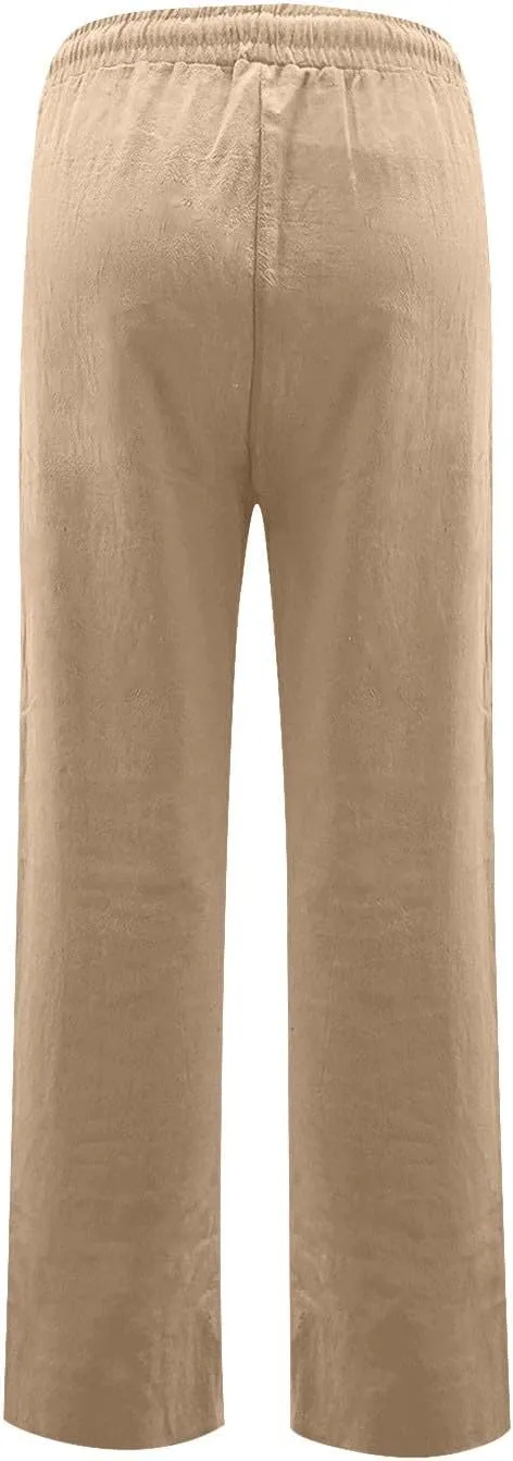 Womens Linen Pants Straight Leg High Waisted Pull On Dress Pants Summer Elastic Waist Flowy Beach Pants with Pockets
