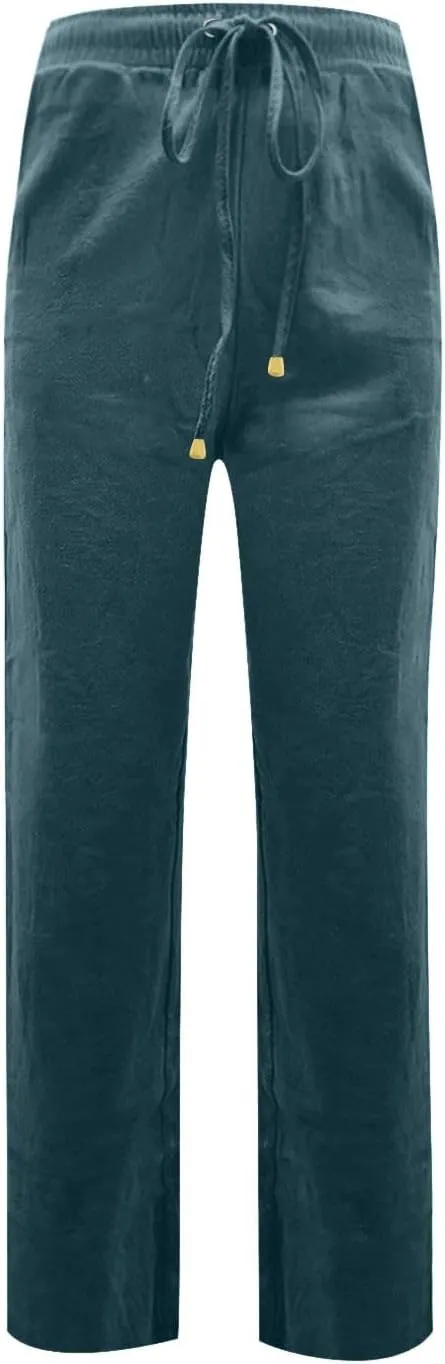 Womens Linen Pants Straight Leg High Waisted Pull On Dress Pants Summer Elastic Waist Flowy Beach Pants with Pockets