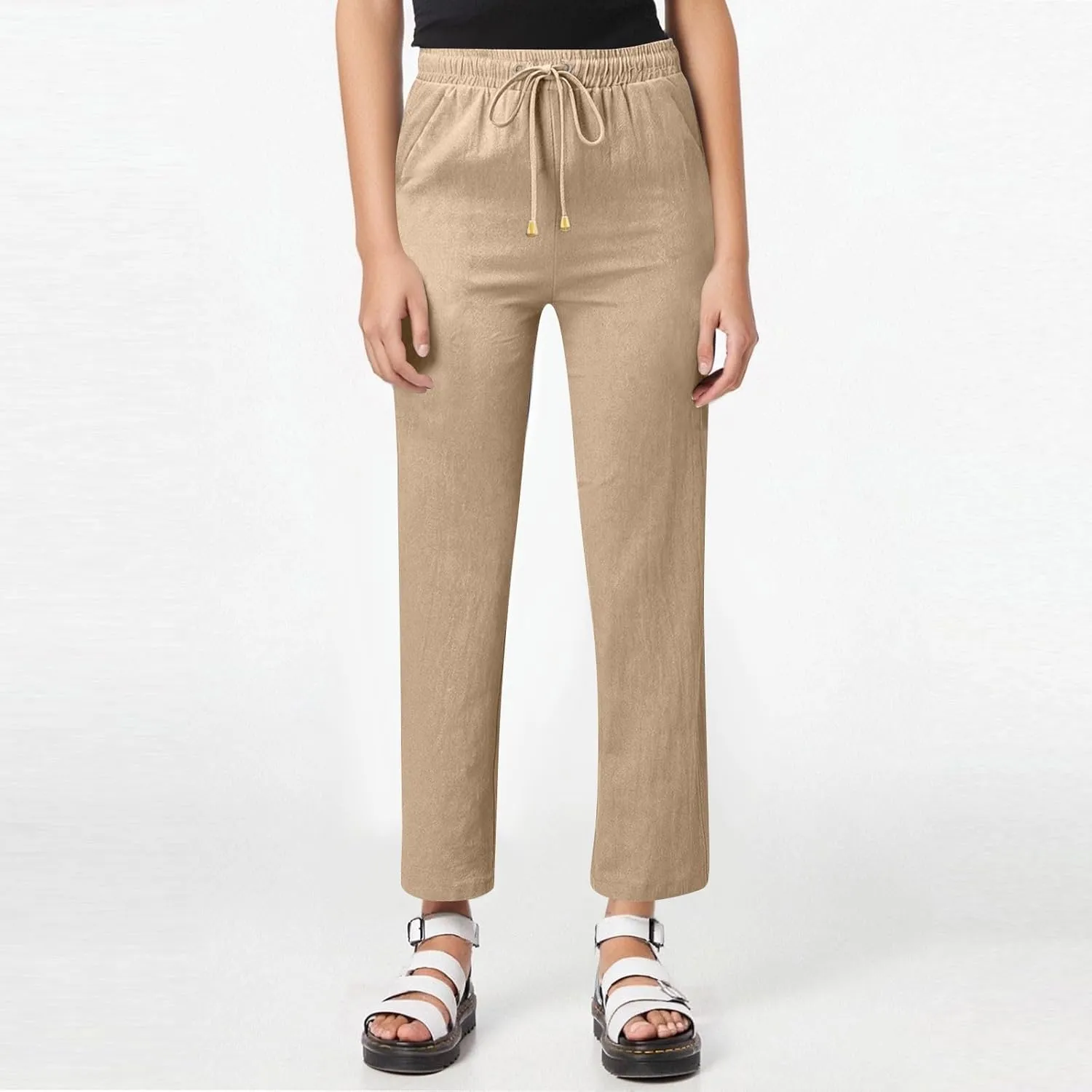 Womens Linen Pants Straight Leg High Waisted Pull On Dress Pants Summer Elastic Waist Flowy Beach Pants with Pockets