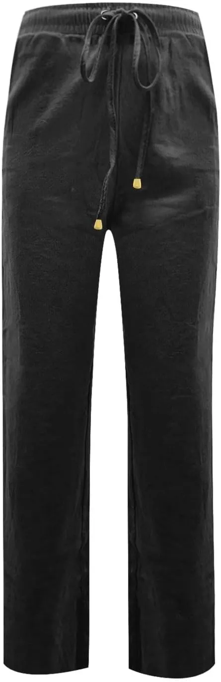 Womens Linen Pants Straight Leg High Waisted Pull On Dress Pants Summer Elastic Waist Flowy Beach Pants with Pockets