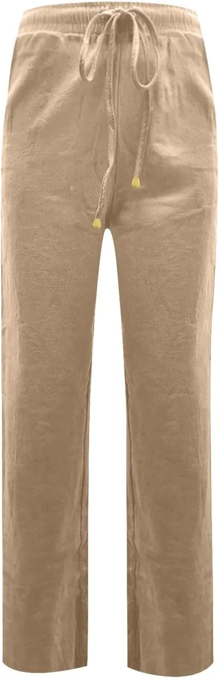 Womens Linen Pants Straight Leg High Waisted Pull On Dress Pants Summer Elastic Waist Flowy Beach Pants with Pockets