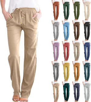 Womens Linen Pants Straight Leg High Waisted Pull On Dress Pants Summer Elastic Waist Flowy Beach Pants with Pockets