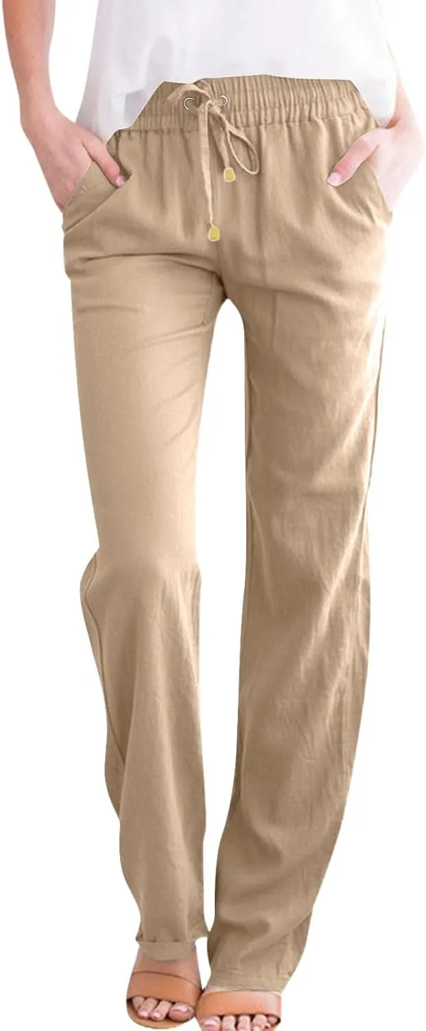 Womens Linen Pants Straight Leg High Waisted Pull On Dress Pants Summer Elastic Waist Flowy Beach Pants with Pockets