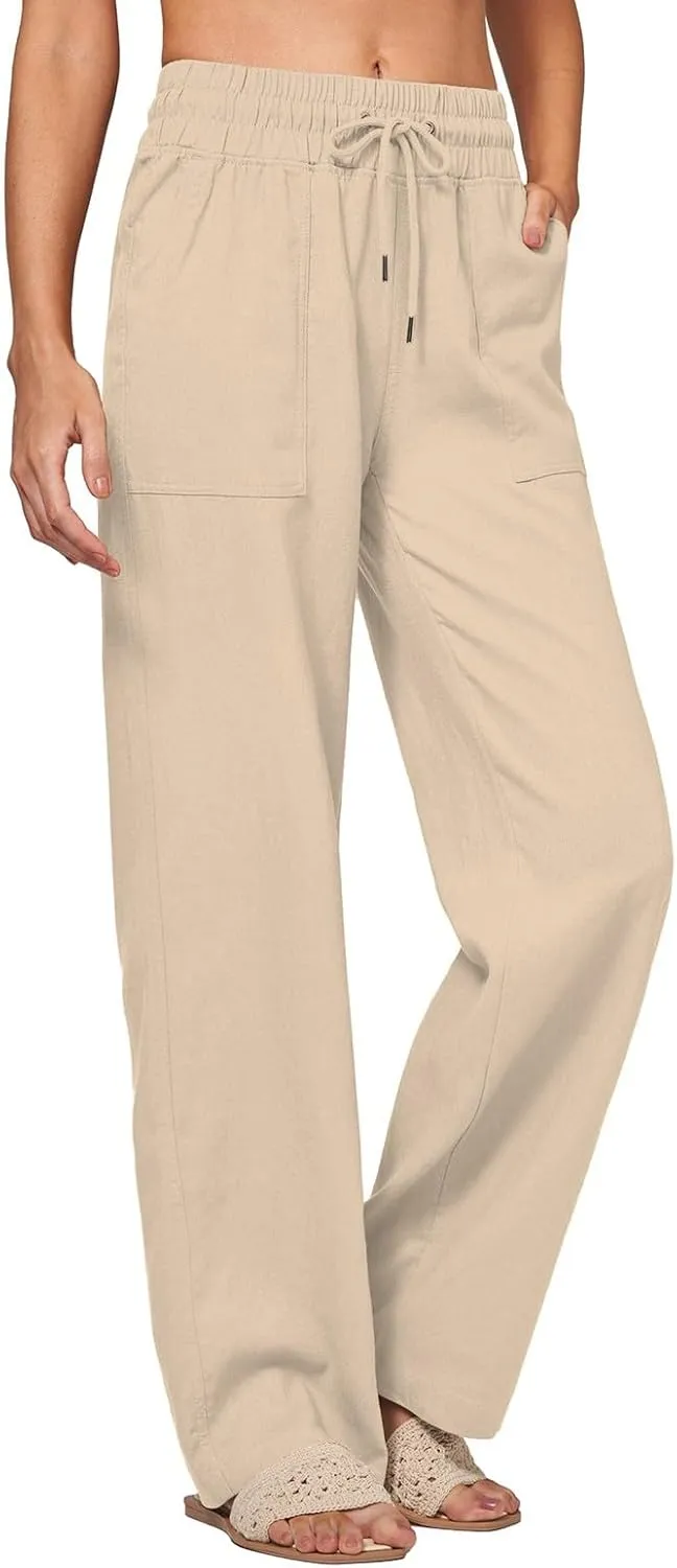 Womens Linen Pants Wide Leg Elastic High Waist Pants Summer Casual Work Long Trousers with Pockets Lounge Wear