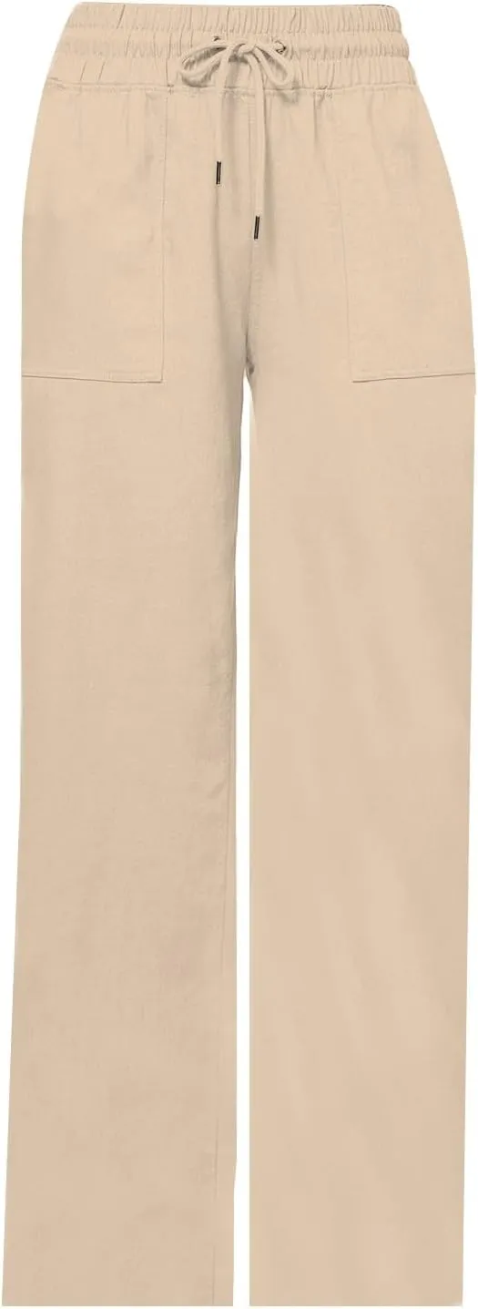 Womens Linen Pants Wide Leg Elastic High Waist Pants Summer Casual Work Long Trousers with Pockets Lounge Wear