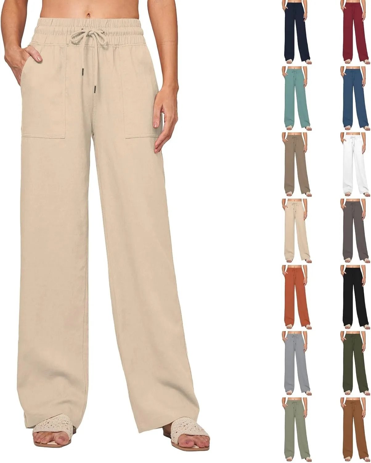 Womens Linen Pants Wide Leg Elastic High Waist Pants Summer Casual Work Long Trousers with Pockets Lounge Wear