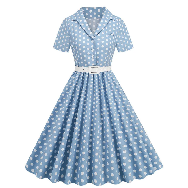 Women's Polka Dot Splicing Belt Short Sleeve European and American Dress Retro Dress