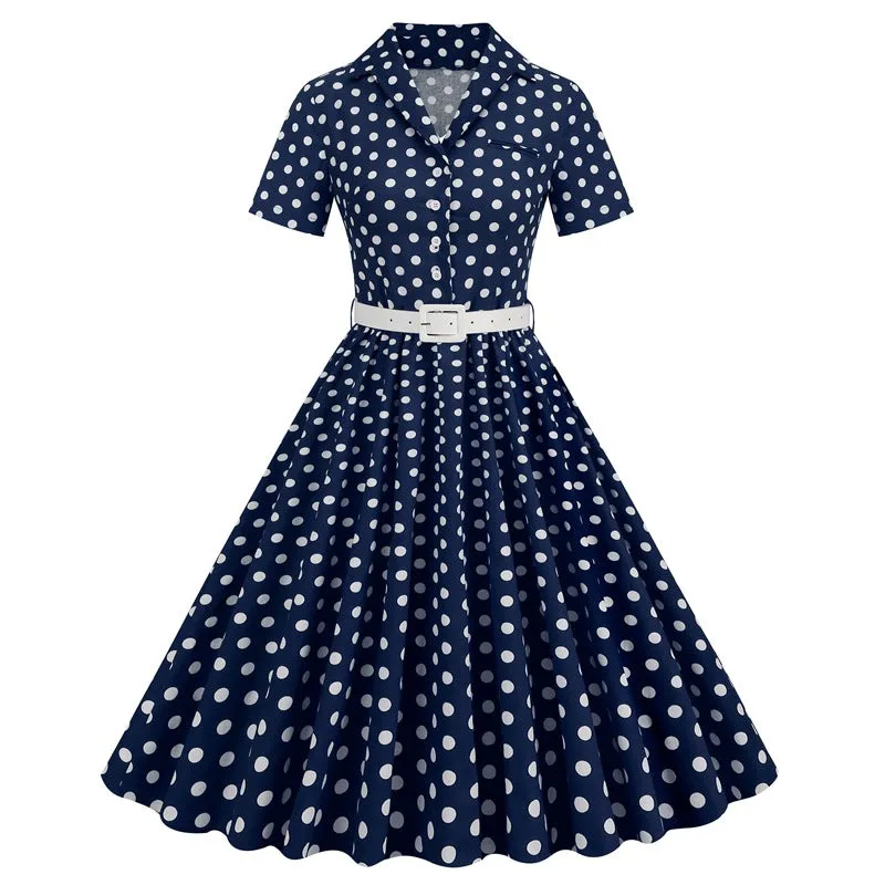 Women's Polka Dot Splicing Belt Short Sleeve European and American Dress Retro Dress