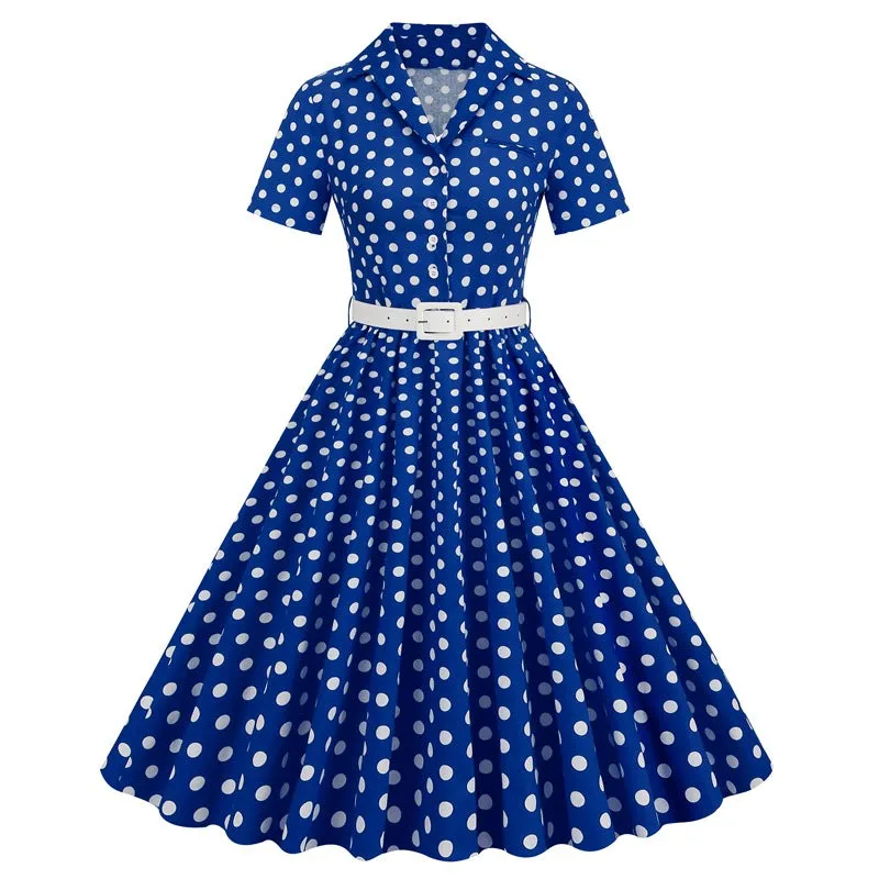 Women's Polka Dot Splicing Belt Short Sleeve European and American Dress Retro Dress