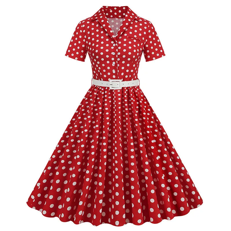 Women's Polka Dot Splicing Belt Short Sleeve European and American Dress Retro Dress