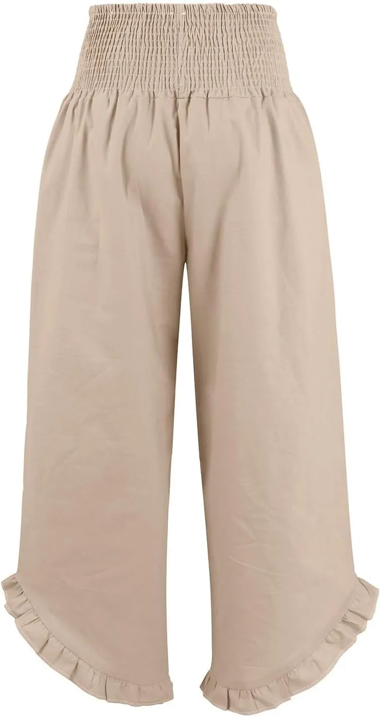 Women's Summer Wide Leg Linen Pants Smocked Waist Ruffle Hem Palazzo Pants Boho Flowy Beach Pants with Pockets