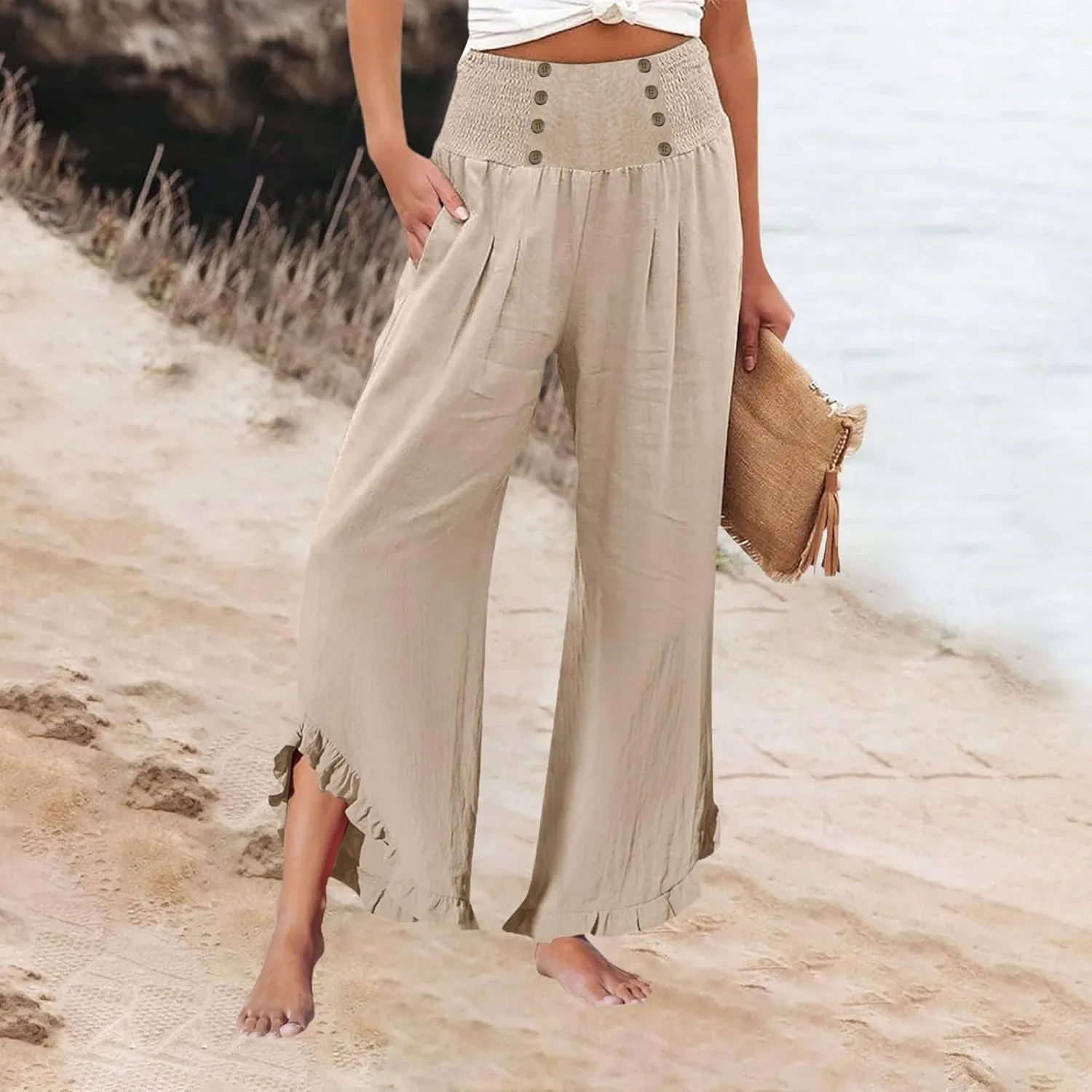 Women's Summer Wide Leg Linen Pants Smocked Waist Ruffle Hem Palazzo Pants Boho Flowy Beach Pants with Pockets