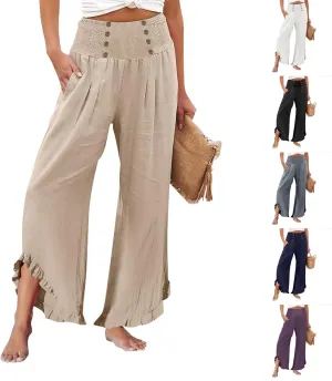 Women's Summer Wide Leg Linen Pants Smocked Waist Ruffle Hem Palazzo Pants Boho Flowy Beach Pants with Pockets