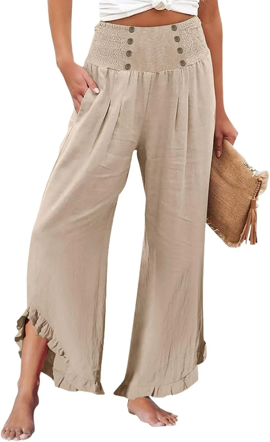 Women's Summer Wide Leg Linen Pants Smocked Waist Ruffle Hem Palazzo Pants Boho Flowy Beach Pants with Pockets