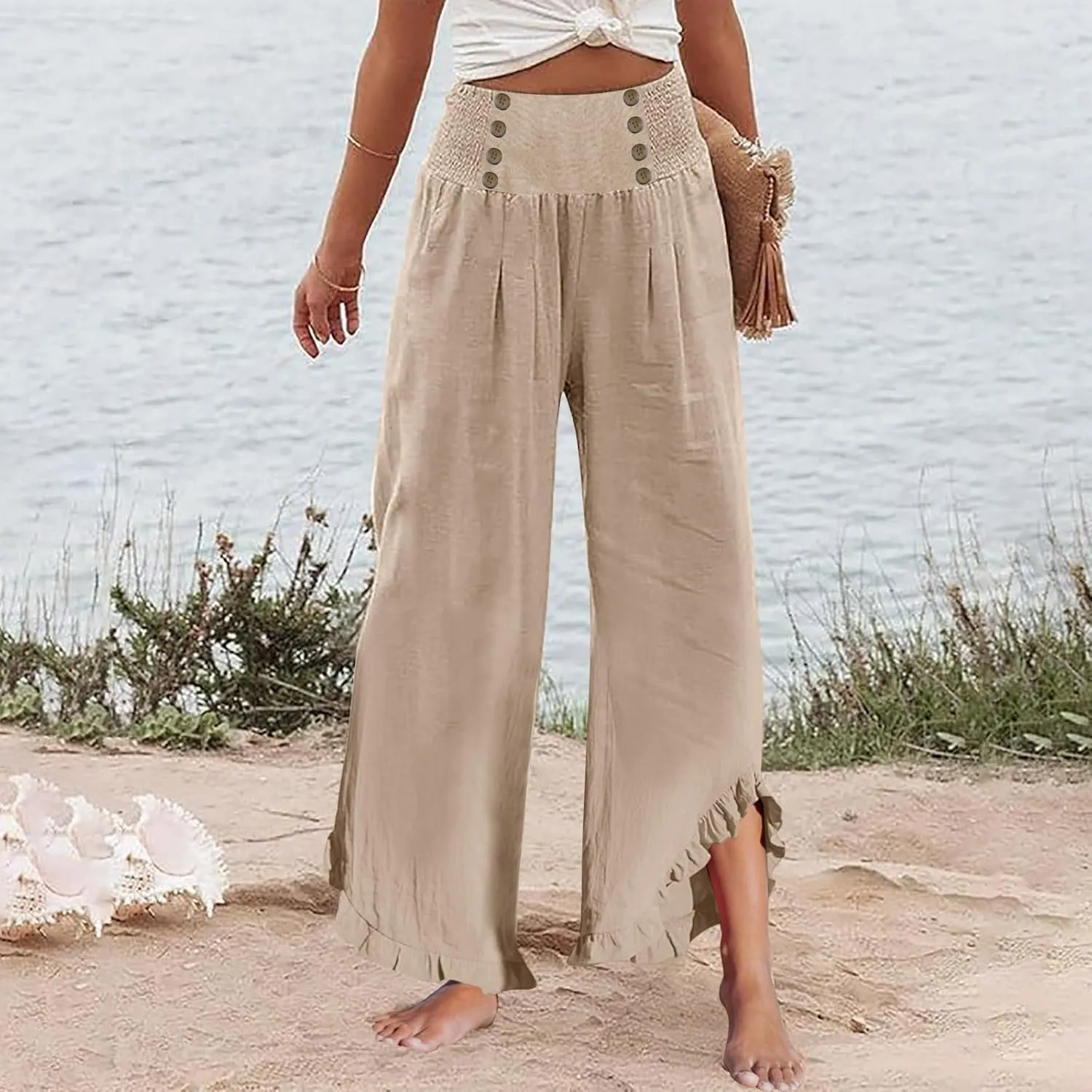 Women's Summer Wide Leg Linen Pants Smocked Waist Ruffle Hem Palazzo Pants Boho Flowy Beach Pants with Pockets
